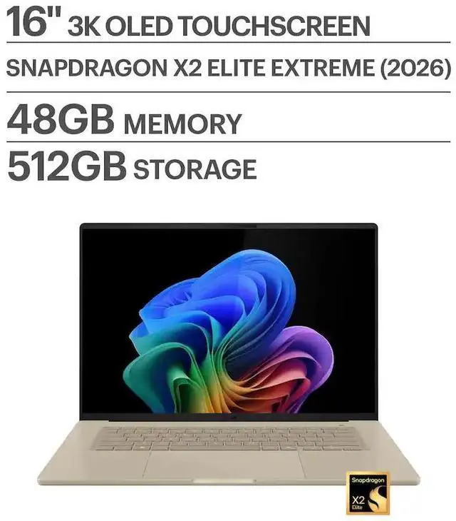 Main image of ASUS - Zenbook A16 16" 3K OLED Touch Screen Laptop - Snapdragon X2 Elite Extreme (2026) - 48GB RAM - 512GB SSD - Copilot+ PC - Zabriskie Beige