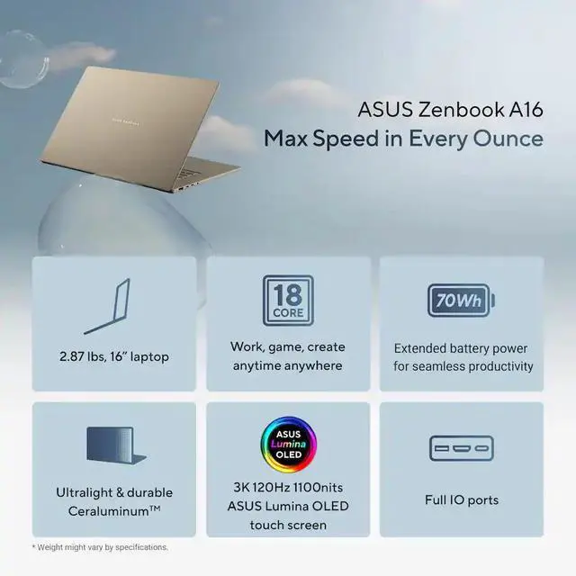Alt view image 2 of 5 - ASUS - Zenbook A16 16" 3K OLED Touch Screen Laptop - Snapdragon X2 Elite Extreme (2026) - 48GB RAM - 512GB SSD - Copilot+ PC - Zabriskie Beige