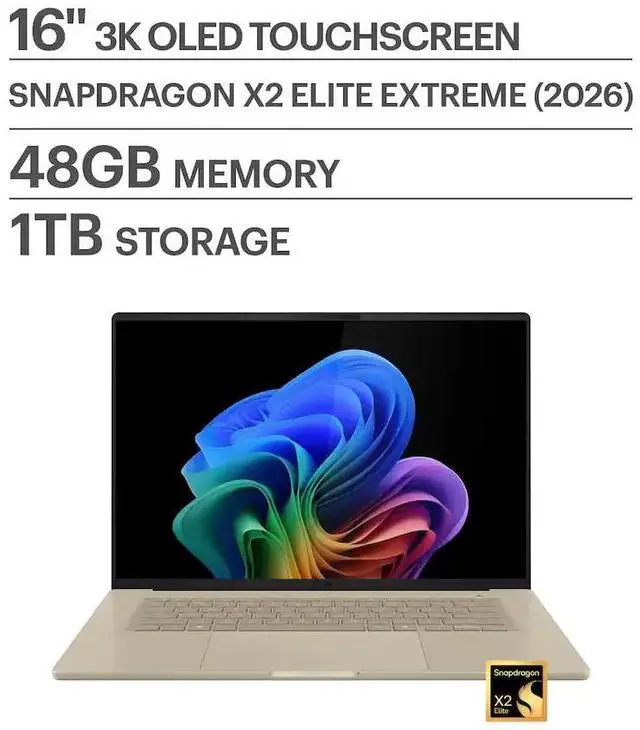 Main image of ASUS - Zenbook A16 16" 3K OLED Touchscreen Laptop - Snapdragon X2 Elite Extreme 2026 - 48GB RAM - 1TB SSD - Copilot+ PC - Zabriskie Beige