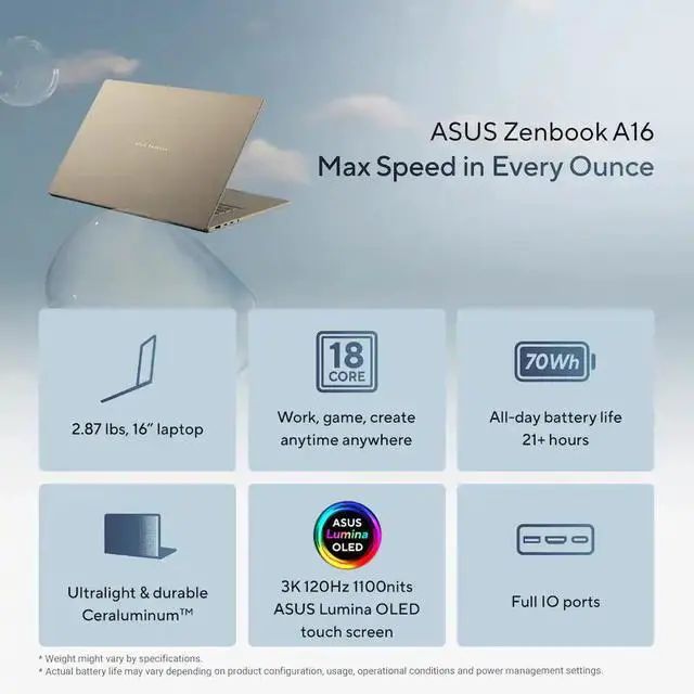 Alt view image 2 of 5 - ASUS - Zenbook A16 16" 3K OLED Touchscreen Laptop - Snapdragon X2 Elite Extreme 2026 - 48GB RAM - 1TB SSD - Copilot+ PC - Zabriskie Beige