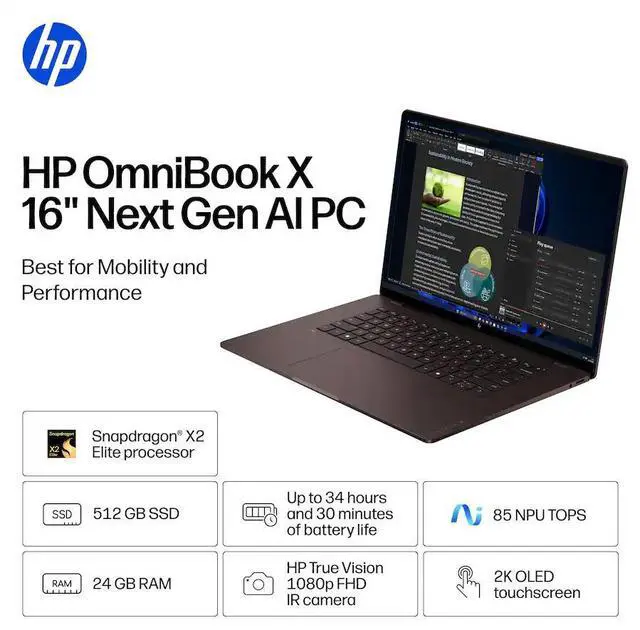 Alt view image 3 of 5 - HP - OmniBook X 16" 2K OLED Touchscreen Laptop - Snapdragon X2 Elite - 24GB Memory - 512GB SSD - Copilot+ PC - Deep Espresso