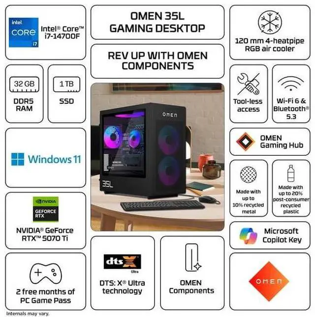 Main image of HP OMEN 35L Gaming Desktop, i7-14700F, Nvidia GeForce RTX 5070Ti, 32GB DDR5, 1TB SSD, Windows 11, GT16-0544