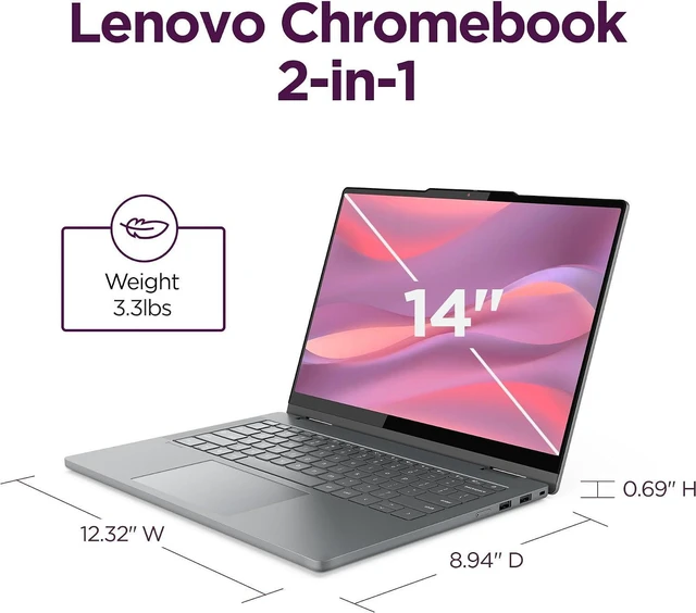 Alt view image 3 of 5 - Lenovo Chromebook 2-in-1 - Lightweight Laptop - Google Gemini - Intel® N150 CPU - 14" WUXGA IPS Touchscreen Display - 4GB RAM - 128GB UFS Storage - Integrated Intel® Graphics - Luna Grey