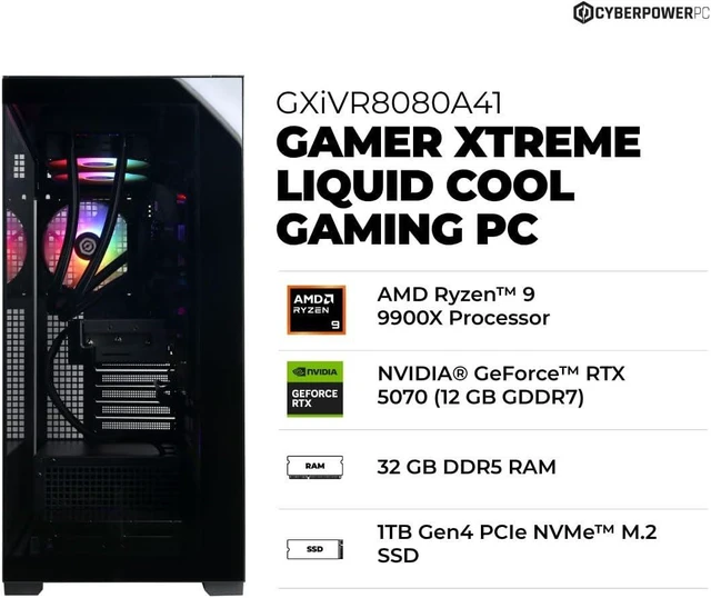Alt view image 2 of 6 - CyberPowerPC Gaming PC, AMD Ryzen 9 9900X, GeForce RTX 5070 12GB Gamer Xtreme, 32GB DDR5, 1TB PCIe 4.0 SSD, WiFi Ready & Windows 11 Home (GXiVR8080A41)