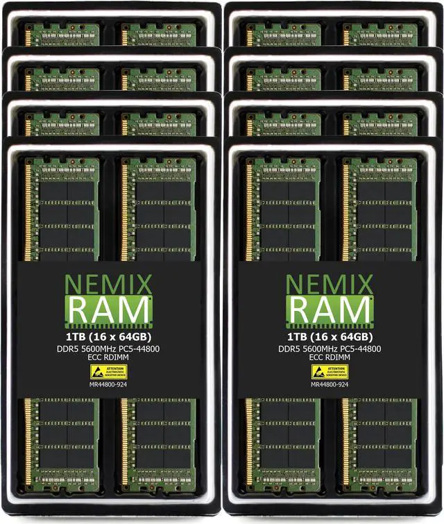 Main image of NEMIX RAM 1TB (16X64GB) DDR5 5600MHZ PC5-44800 2Rx4 1.1V CL46 288-PIN ECC RDIMM Registered Server Memory KIT Compatible with Lenovo ThinkSystem SR780a V3 Rack Server
