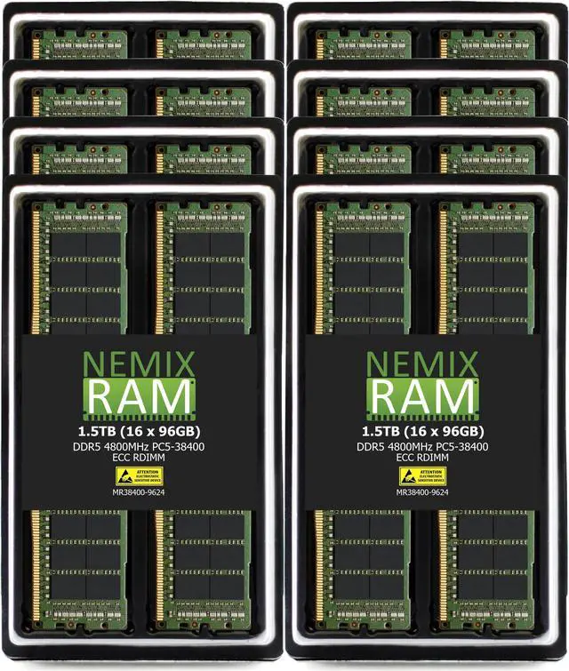 Main image of NEMIX RAM 1.5TB (16X96GB) DDR5 4800MHZ PC5-38400 2Rx4 1.1V CL40 288-PIN ECC RDIMM Registered Server Memory KIT Compatible with THINKMATE Supermicro SuperServer 621P-TR, 621P-TRT SuperServer 221P-C9R