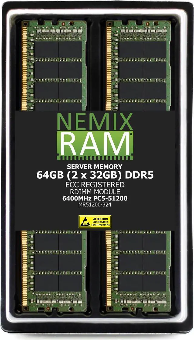 Main image of NEMIX RAM 64GB (2X32GB) DDR5 6400MHZ PC5-51200 2Rx4 1.1V CL52 288-PIN ECC RDIMM Registered Server Memory KIT Compatible with SuperMicro X14SBW-F
