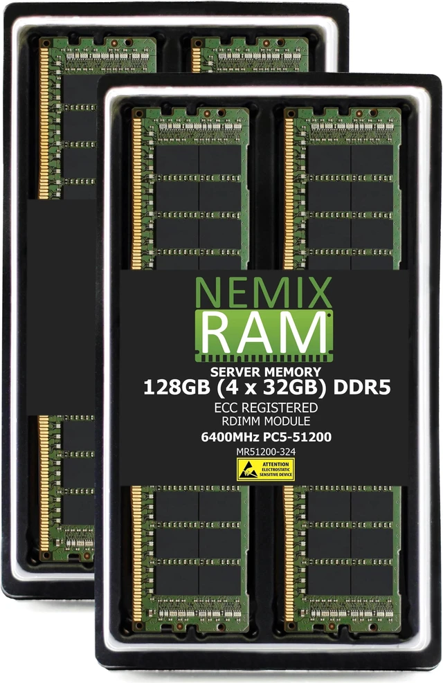 Main image of NEMIX RAM 128GB (4X32GB) DDR5 6400MHZ PC5-51200 2Rx4 1.1V CL52 288-PIN ECC RDIMM Registered Server Memory KIT Compatible with SuperMicro X14SBM-TP4F