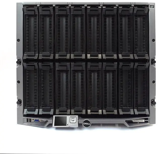 Main image of Dell EMC PowerEdge M1000e Blade Enclosure - 16 Half-Height or 8 Full-Height Dell M-Series Blades, 2x CMCs, 1x KVM, 6PSUs, 9 Fans, 2x 10G-PTM, Midplane v1.1