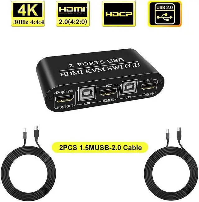 Main image of 2020 New For 2 PC Sharing Keyboard Mouse Plug And Paly Out 4K 2-port HDMI KVM Switcher Box Video Display USB 2.0 Switch Splitter