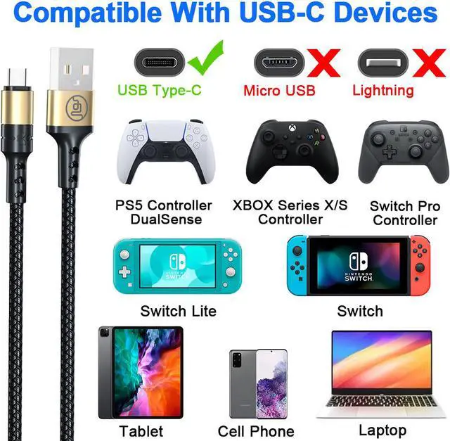 Alt view image 6 of 7 - PS5 Xbox Series Controller USB C Cable, 10FT Long Type C Fast Charger Charging Cord for Playstation 5, Xbox Series S/X, Nintendo Switch Pro Controller & Nintendo Switch Console & Smartphone