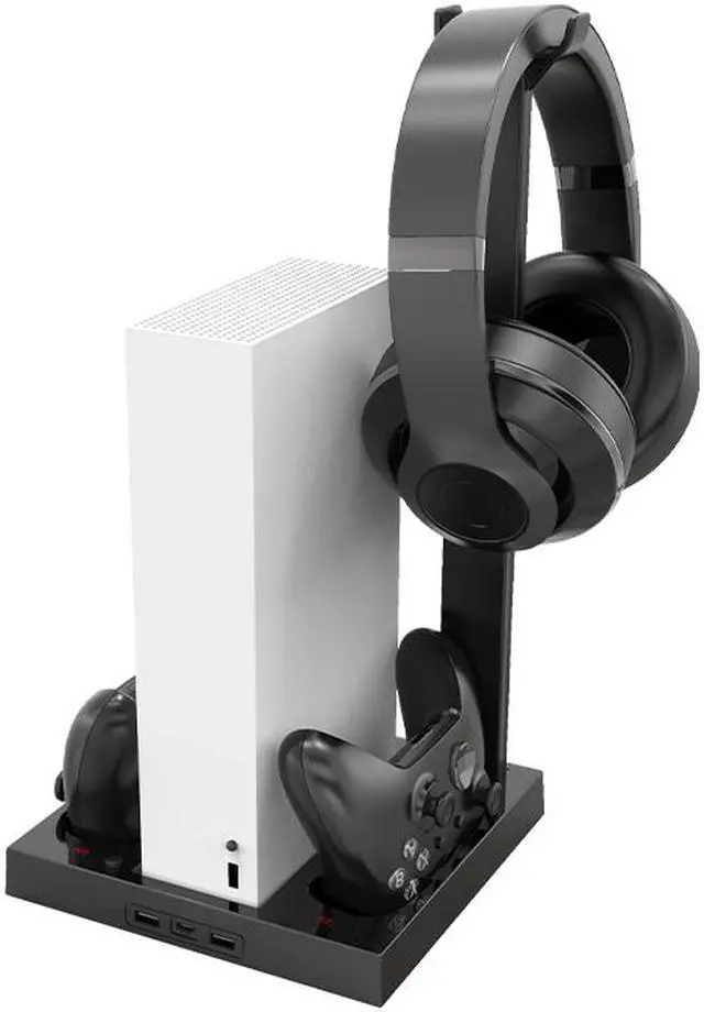 Alt view image 5 of 6 - Vertical Stand Base for Xbox Series S Console with 2 Cooling Fan, Dual Controller Charging Station with 2x1400mAh Rechargeable Battery Pack, Headset Hanger Holder & 4 Type C Adapter Accessories