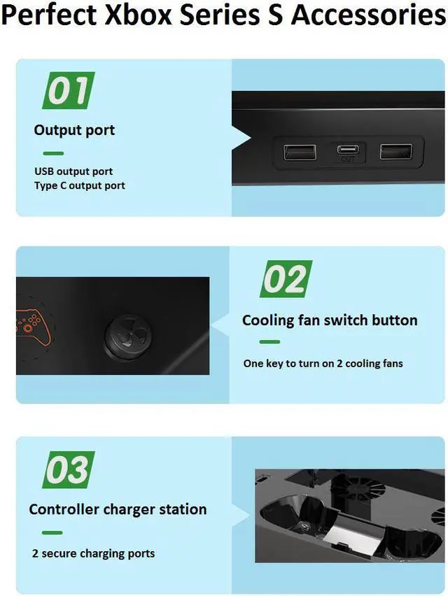Alt view image 4 of 6 - Vertical Stand Base for Xbox Series S Console with 2 Cooling Fan, Dual Controller Charging Station with 2x1400mAh Rechargeable Battery Pack, Headset Hanger Holder & 4 Type C Adapter Accessories