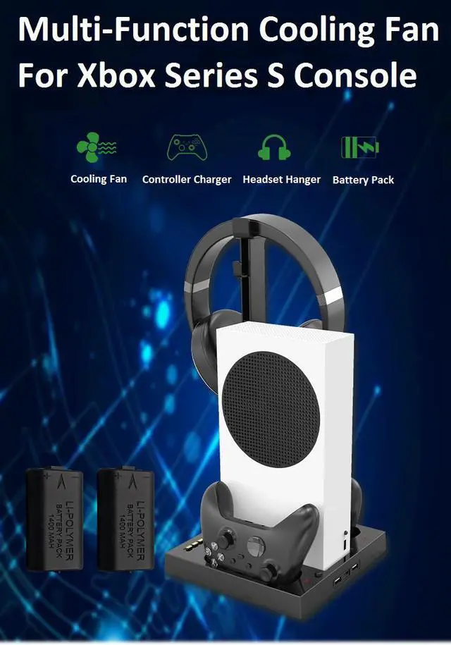 Alt view image 2 of 6 - Vertical Stand Base for Xbox Series S Console with 2 Cooling Fan, Dual Controller Charging Station with 2x1400mAh Rechargeable Battery Pack, Headset Hanger Holder & 4 Type C Adapter Accessories