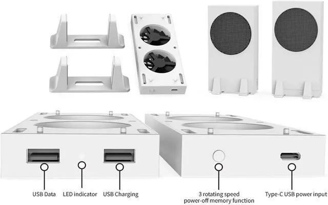 Alt view image 2 of 7 - Cooling Fan and Vertical Stand for Xbox Series S , Dual High Speed Fans with 3 Level Adjustable Speed & 2 USB Hub Charging & Data Syncing & 2 Non-Slip Holder for Xbox Series S Console