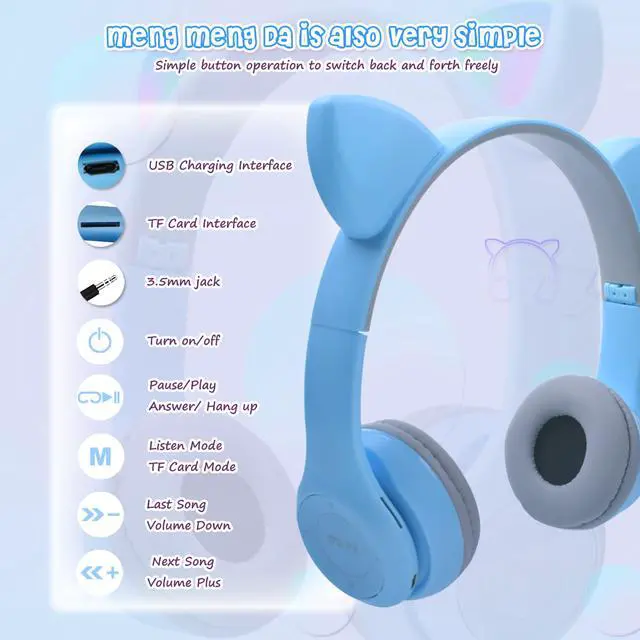 Alt view image 2 of 6 - Bluetooth Cat Ear Kids Headphones with Mic, Wireless/Wired Foldable Over-Ear Headset with Led Light UP & 85db Volume Limited for School, Online Learning, Boys, Girls, Children, Tablet, iPad & PC