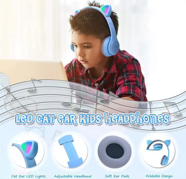 Alt view image 6 of 6 - Bluetooth Cat Ear Kids Headphones with Mic, Wireless/Wired Foldable Over-Ear Headset with Led Light UP & 85db Volume Limited for School, Online Learning, Boys, Girls, Children, Tablet, iPad & PC