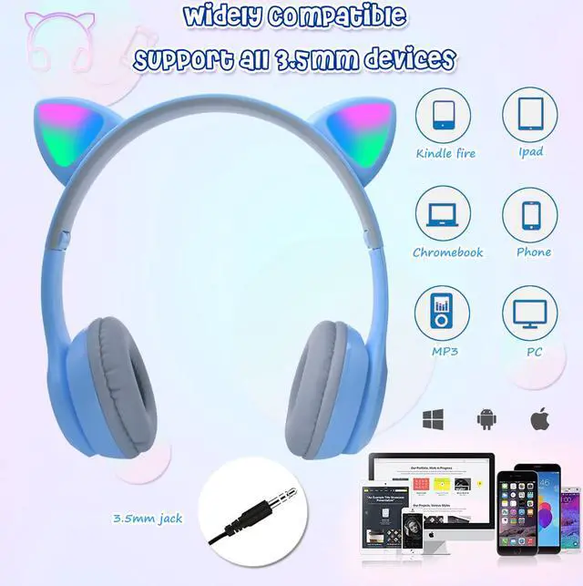 Alt view image 3 of 6 - Bluetooth Cat Ear Kids Headphones with Mic, Wireless/Wired Foldable Over-Ear Headset with Led Light UP & 85db Volume Limited for School, Online Learning, Boys, Girls, Children, Tablet, iPad & PC
