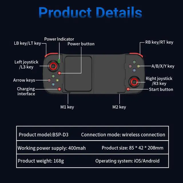 Alt view image 5 of 6 - Mobile Game Controller for iPhone 13,12,11, Samsung, iPad, Tablet, PC, Bluetooth 5.0 Low Latency Joystick Gamepad for Call of Duty Mobile, Apex Legends, Genshin Impact, Steam, Direct Play