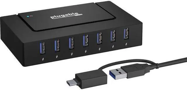 Alt view image 9 of 17 - Plugable 7-in-1 USB Powered Hub for Laptops with USB-C or USB 3.0 - USB Power Station for Multiple Devices and USB Data Transfer with a 60W Power Adapter, Driverless
