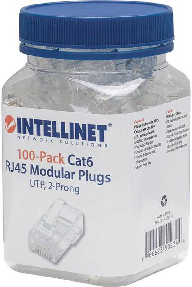 Main image of Intellinet Cat6 2-prong Modular Plugs, Jar of 100 - UTP, Cat6 Modular Plugs for Stranded Wire"