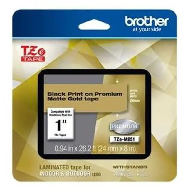 Main image of Brother TZeM851 Black Print on Premium Matte Gold Laminated Tape for P-touch Label Maker, 24 mm (0.94") Wide x 8 m (26.20 ft.) Long