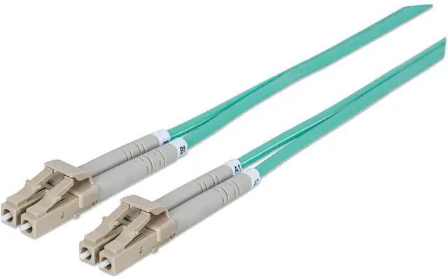 Main image of Intellinet Fiber Optic Patch Cable, Duplex, Multimode, LC/LC, 50/125 Âµm, OM3, 1.0 m (3.0 ft.), Aqua