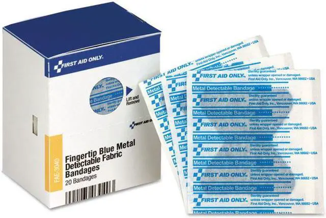 Main image of First Aid Only SmartCompliance Blue Metal Detectable Bandages Fingertip 1 3/4x2 20 Bx 24/Ct FAE3040