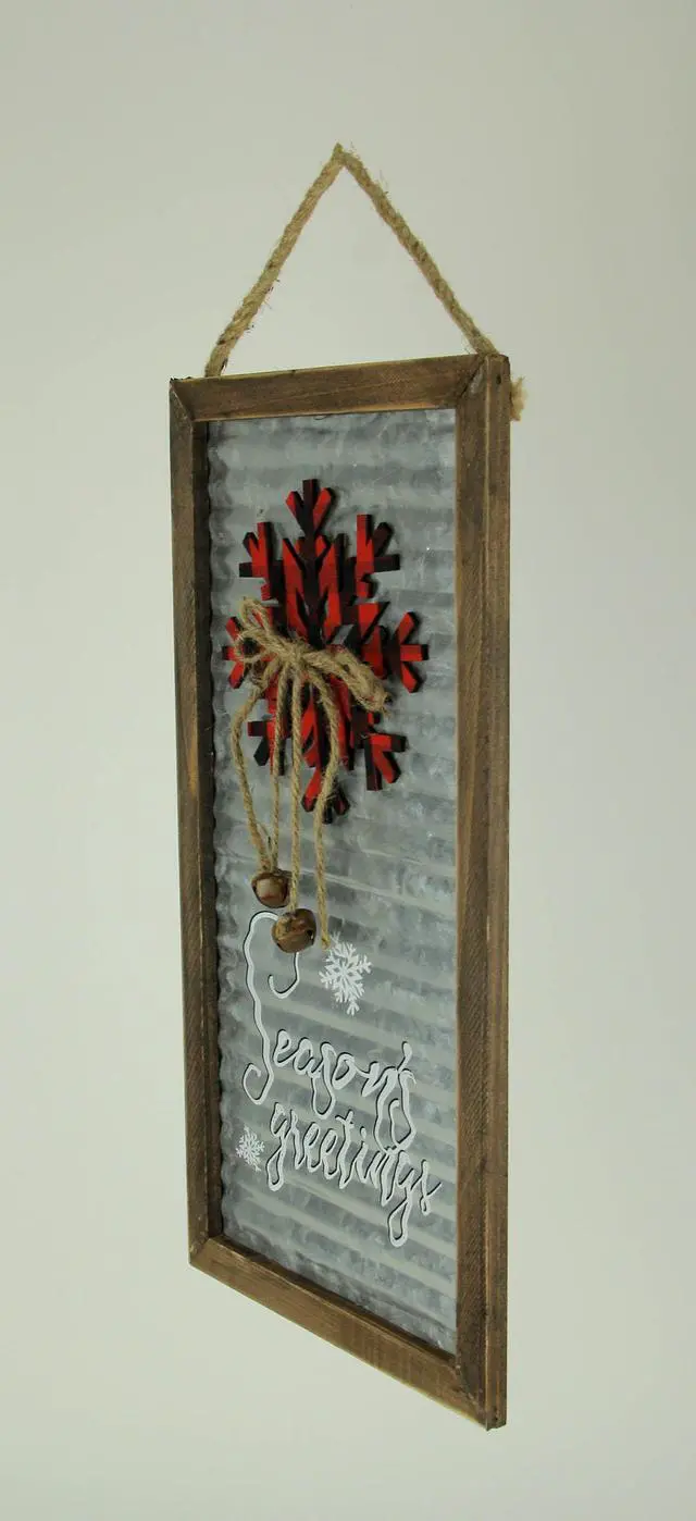 Alt view image 2 of 3 - Wood Framed Rustic Metal Seasons Greetings Wall Hanging