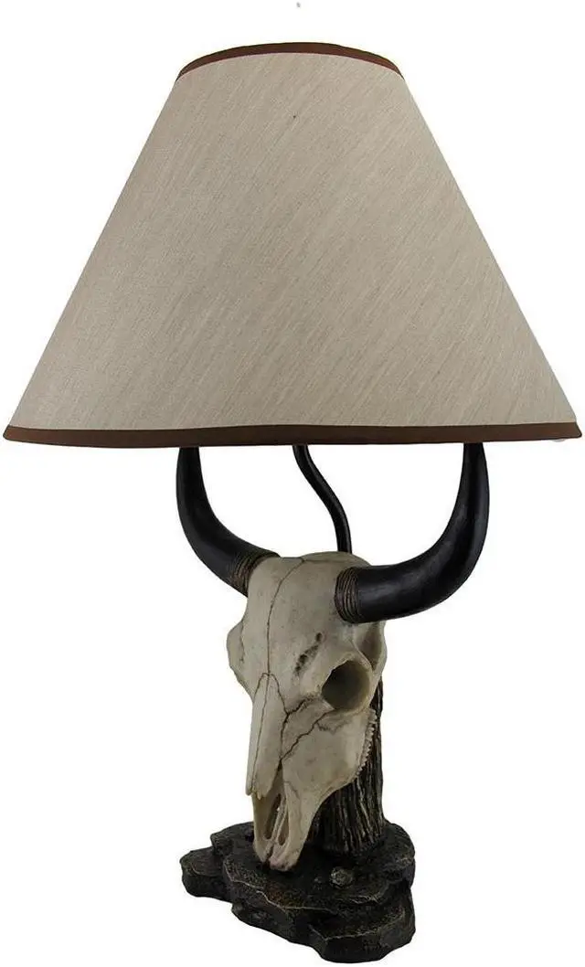 Alt view image 2 of 4 - Pair of Cast Resin Cow Skull Lamps for Ranch-style Living: Set of 2 Table Lamps with 8-Inch Fabric Shades, Perfect for Rustic Bull Farm Decor, 19.5 Inches High