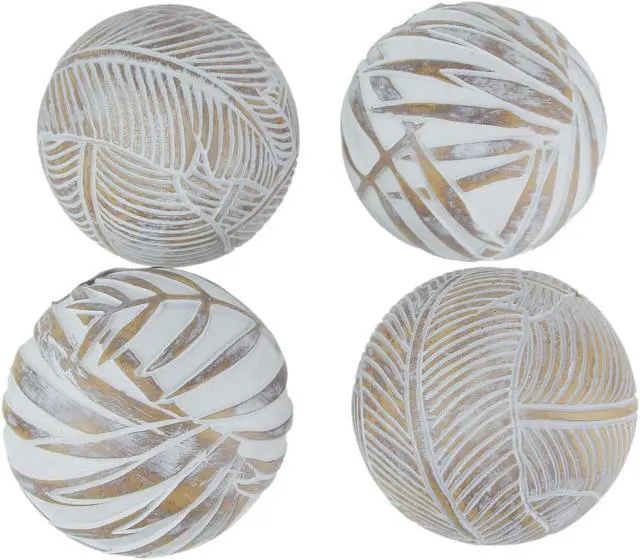 Main image of Whitewashed Tropical Leaf Wood Look Decor Balls Set of 4
