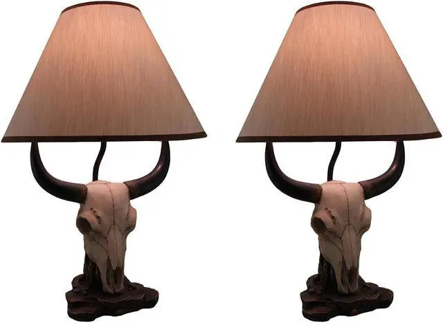 Main image of Pair of Cast Resin Cow Skull Lamps for Ranch-style Living: Set of 2 Table Lamps with 8-Inch Fabric Shades, Perfect for Rustic Bull Farm Decor, 19.5 Inches High