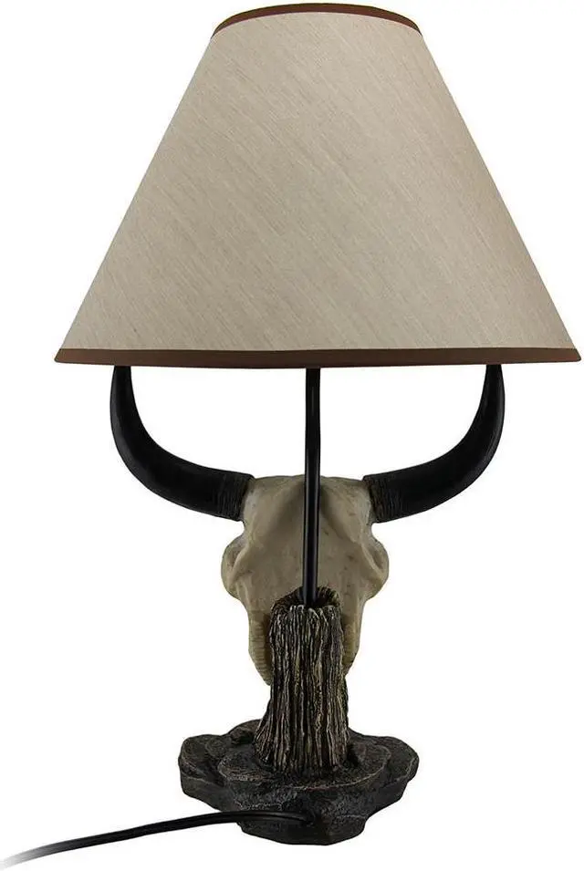Alt view image 3 of 4 - Pair of Cast Resin Cow Skull Lamps for Ranch-style Living: Set of 2 Table Lamps with 8-Inch Fabric Shades, Perfect for Rustic Bull Farm Decor, 19.5 Inches High