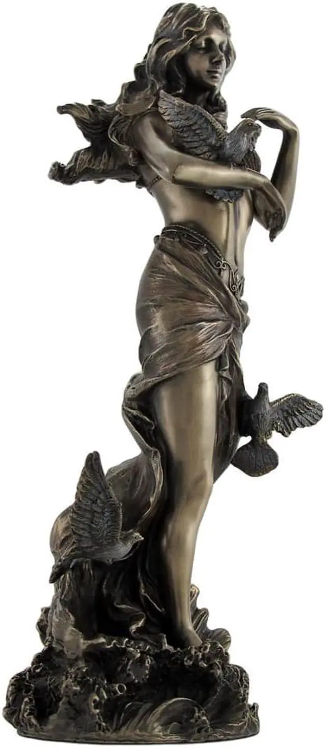 Alt view image 3 of 4 - Bronzed Aphrodite with Doves on Scallop Shell Statue