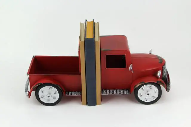 Alt view image 3 of 7 - Vintage Pickup Truck Metal Bookends with Weathered Red Finish - Charming Front and Back Design - Perfect for Rustic Farmhouse Shelf Décor - 6.75 Inches High
