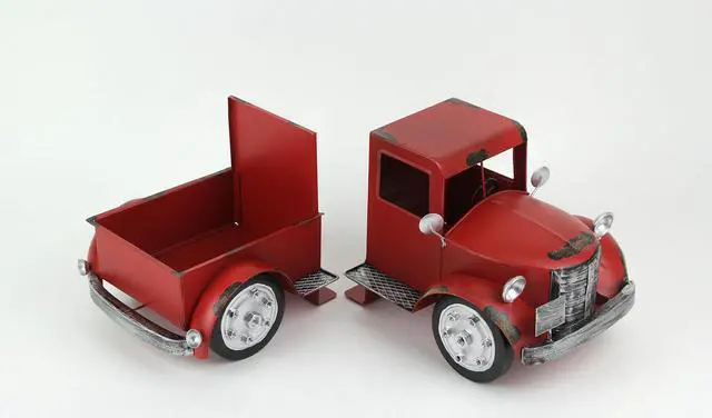 Alt view image 2 of 7 - Vintage Pickup Truck Metal Bookends with Weathered Red Finish - Charming Front and Back Design - Perfect for Rustic Farmhouse Shelf Décor - 6.75 Inches High