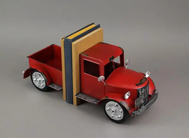 Alt view image 6 of 7 - Vintage Pickup Truck Metal Bookends with Weathered Red Finish - Charming Front and Back Design - Perfect for Rustic Farmhouse Shelf Décor - 6.75 Inches High