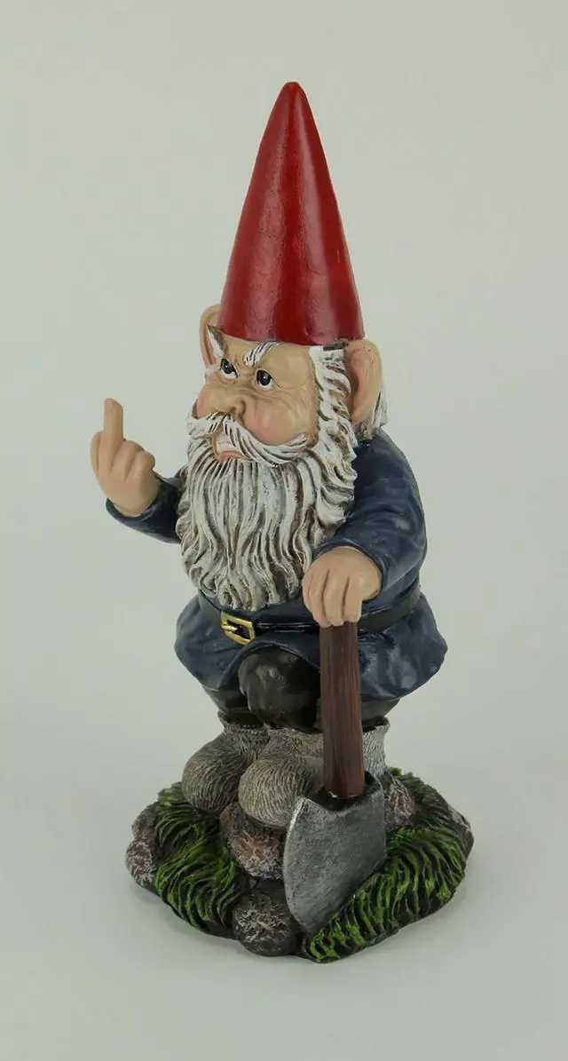 Alt view image 2 of 4 - You Dig? - Grumpy Garden Gnome Digging with Shovel Flipping The Bird Middle Finger Statue for Indoor or Outdoor Home and Garden Décor, 8.75 Inches High