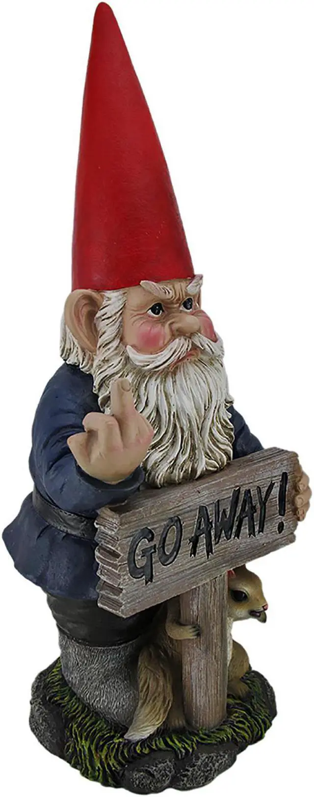 Alt view image 2 of 3 - "Take A Hike" Defiant Go Away Resin Garden Gnome Un-Welcome Sign - Red Hat Grumpy Rude Gesture Porch Statue - Standing 17.5 Inches Tall - Giving a One-Finger Salute
