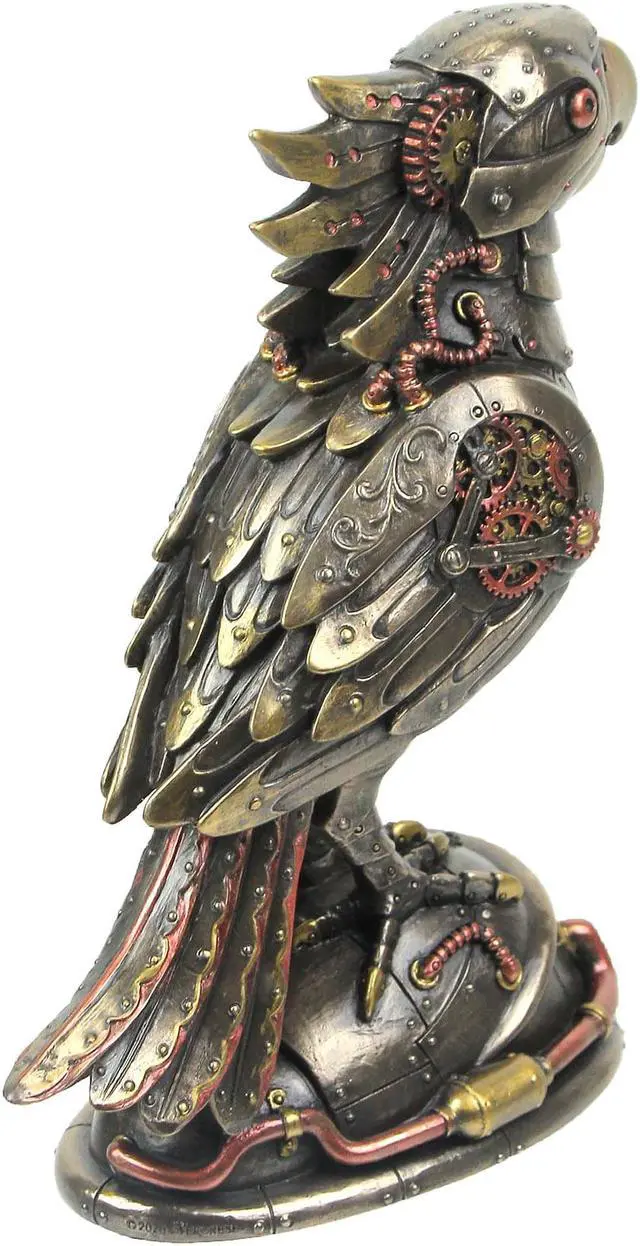 Alt view image 3 of 3 - Steampunk Designed Cockatiel / Parrot Bird Metallic Silver and Copper Finished Resin Tabletop Statue - 7.5 Inches High - Intricate Detailing - Hand Painted Accents