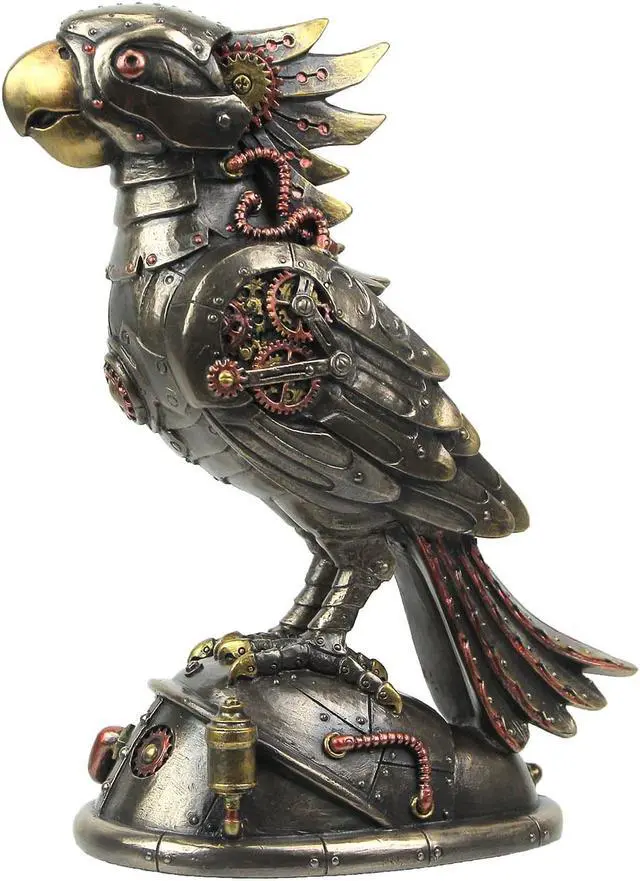 Alt view image 2 of 3 - Steampunk Designed Cockatiel / Parrot Bird Metallic Silver and Copper Finished Resin Tabletop Statue - 7.5 Inches High - Intricate Detailing - Hand Painted Accents