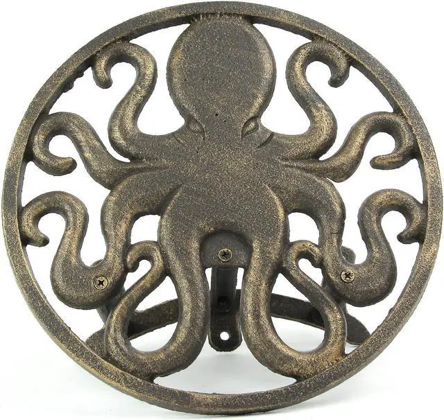 Alt view image 5 of 6 - Cast Iron 12 inch Octopus Decorative Wall Mounted Hanging Garden Hose Hanger Bronze Finish - 125 ft Hose Holder Capacity - Nautical Sea Life Outdoor Décor