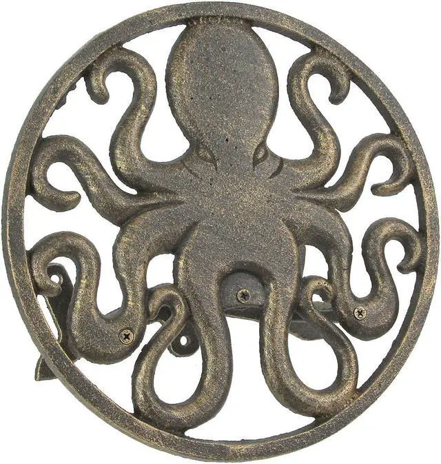 Main image of Cast Iron 12 inch Octopus Decorative Wall Mounted Hanging Garden Hose Hanger Bronze Finish - 125 ft Hose Holder Capacity - Nautical Sea Life Outdoor Décor
