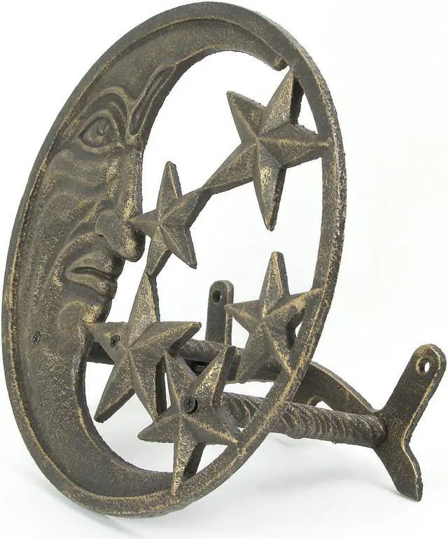 Alt view image 3 of 5 - Cast Iron Crescent Moon Face and Stars Decorative Wall Mounted Hanging Garden Hose Hanger Bronze Finish  - Outdoor Hose Holder Décor - 12 Inches in Diameter