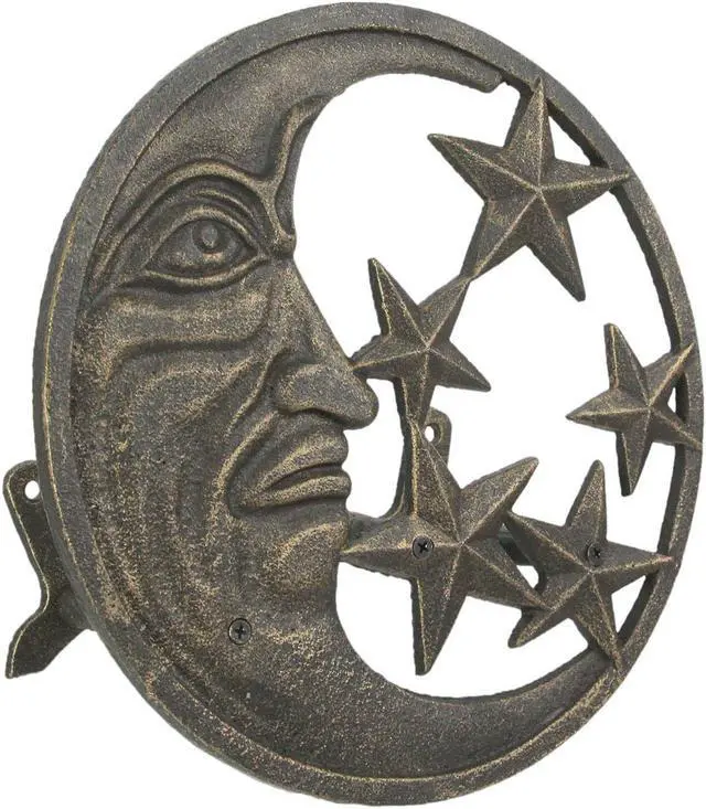 Main image of Cast Iron Crescent Moon Face and Stars Decorative Wall Mounted Hanging Garden Hose Hanger Bronze Finish  - Outdoor Hose Holder Décor - 12 Inches in Diameter