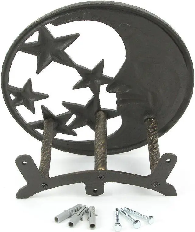 Alt view image 4 of 5 - Cast Iron Crescent Moon Face and Stars Decorative Wall Mounted Hanging Garden Hose Hanger Bronze Finish  - Outdoor Hose Holder Décor - 12 Inches in Diameter
