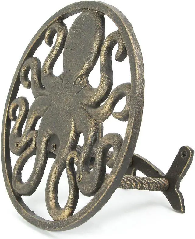 Alt view image 3 of 6 - Cast Iron 12 inch Octopus Decorative Wall Mounted Hanging Garden Hose Hanger Bronze Finish - 125 ft Hose Holder Capacity - Nautical Sea Life Outdoor Décor