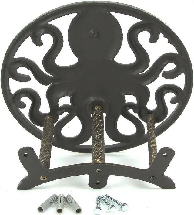 Alt view image 4 of 6 - Cast Iron 12 inch Octopus Decorative Wall Mounted Hanging Garden Hose Hanger Bronze Finish - 125 ft Hose Holder Capacity - Nautical Sea Life Outdoor Décor