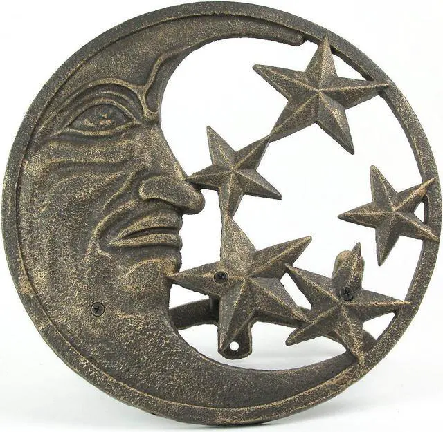 Alt view image 5 of 5 - Cast Iron Crescent Moon Face and Stars Decorative Wall Mounted Hanging Garden Hose Hanger Bronze Finish  - Outdoor Hose Holder Décor - 12 Inches in Diameter