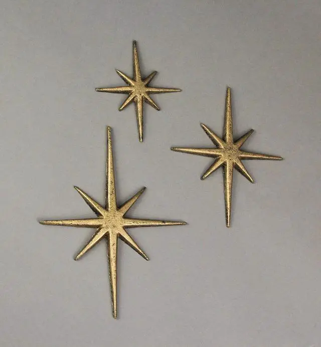 Alt view image 4 of 5 - Set of 3 Gold Finish Cast Iron 8-Pointed Atomic Starburst Wall Hangings - Mid-Century Modern Elegance - Easy Install - Perfect for Vintage and Eclectic Decor